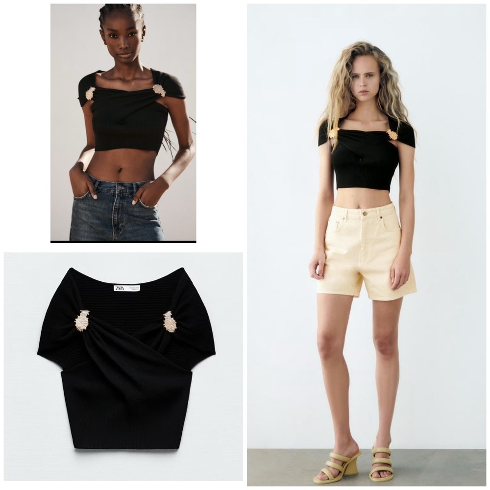 NWT Zara Knit Golden Brooch Jewel Ribbed Knit Black Blouse Top M